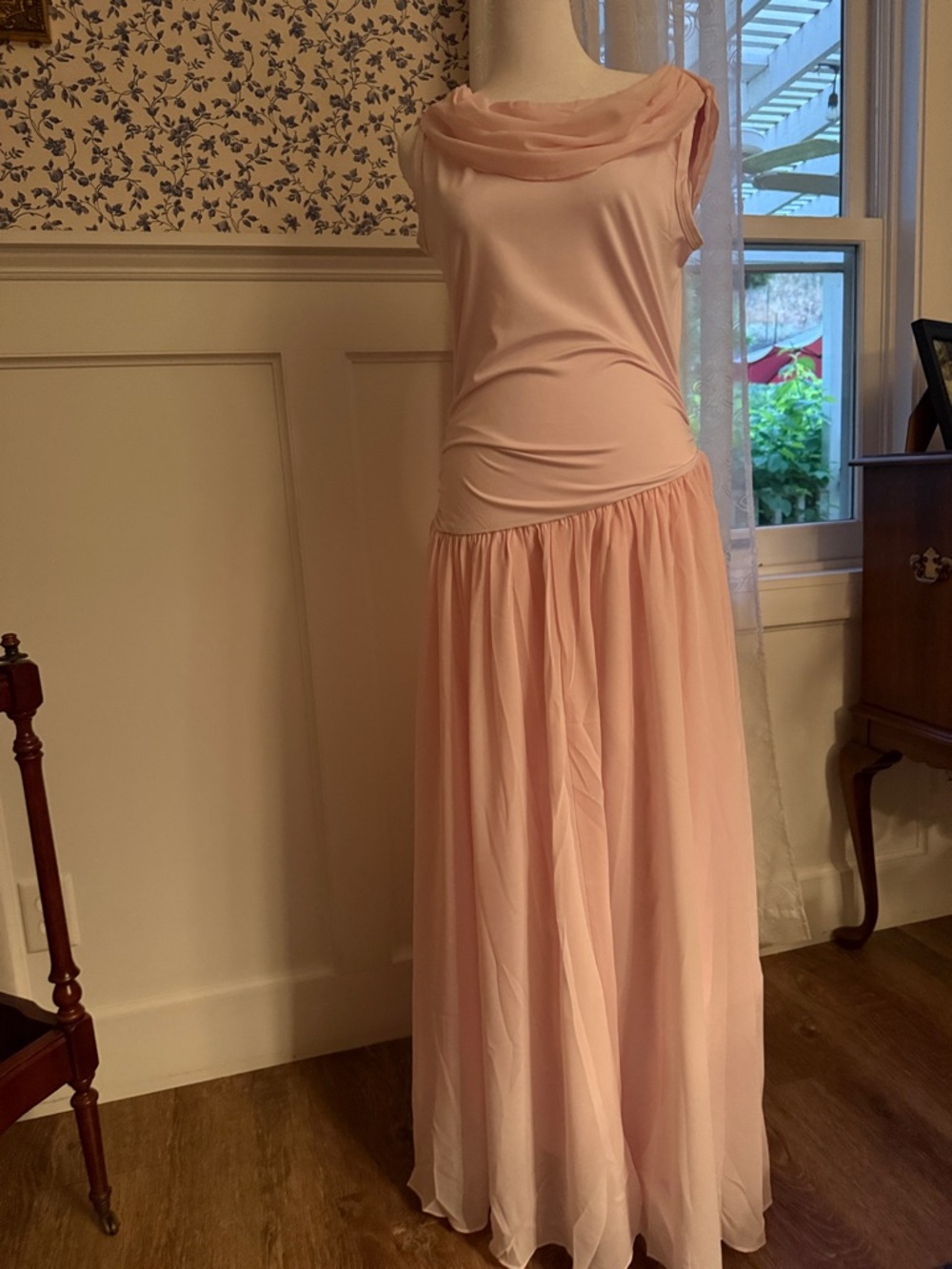 Women's Pink Maxi Dress with Draped Neckline